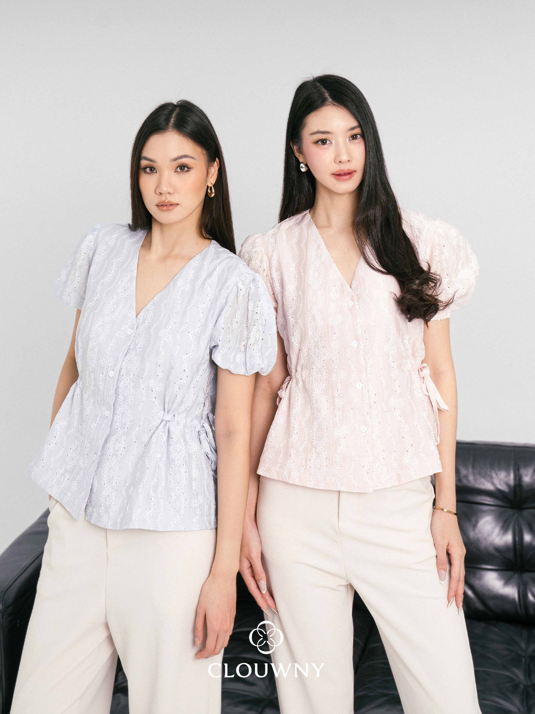 Angela Embroidery Side Drawstring Blouse - Pink